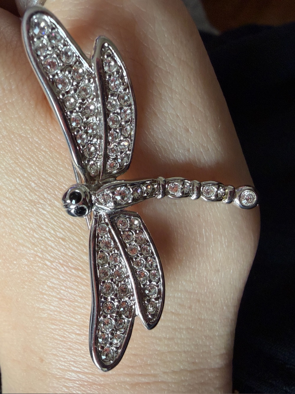 Swarovski Signed Rhodium Plated Dragonfly set with Clear Crystals and Black Eyes